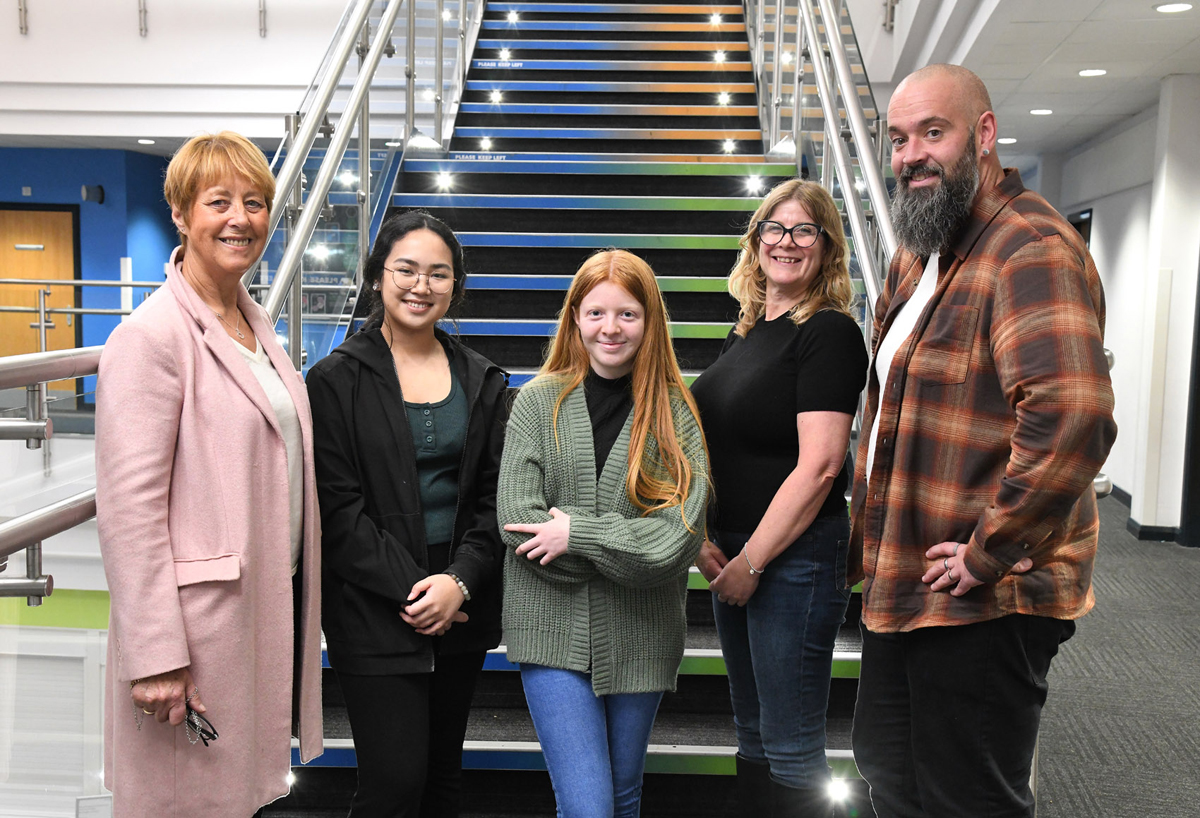 Photo Picture caption; (l to r): Councillor Victoria Aitken, cabinet member for children, families and education, Aonpreeya Petchatchua and Freya Edwards, both MYPs, Detty Tyler and Dave Brown, both Community VISION