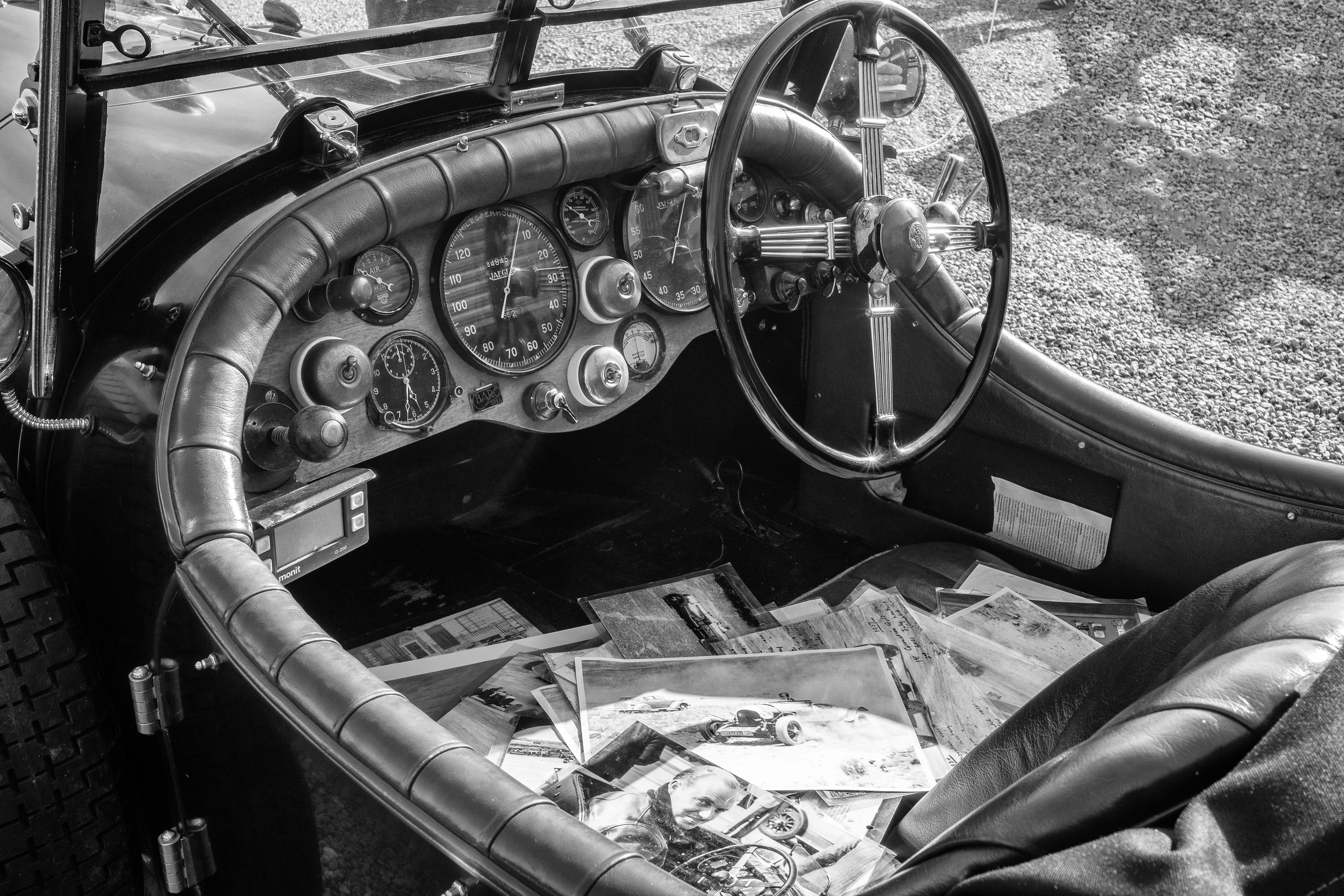 Car vintage dashboard with photos bw