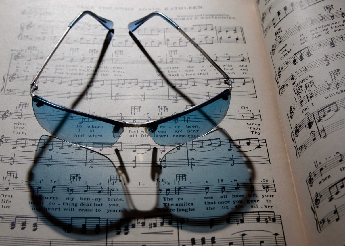 Blue sun glasses refraction music book