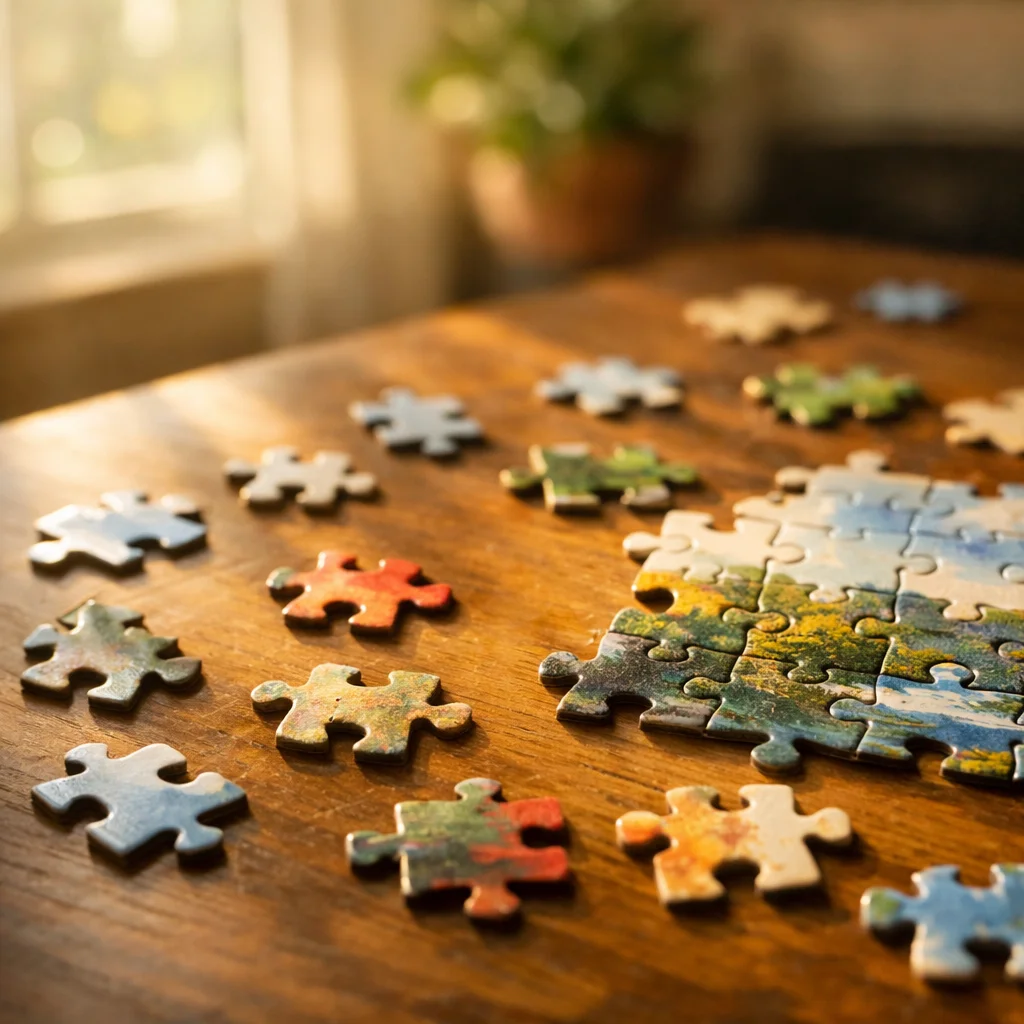 Scattered colorful jigsaw puzzle pieces and a partially completed section on a wooden table